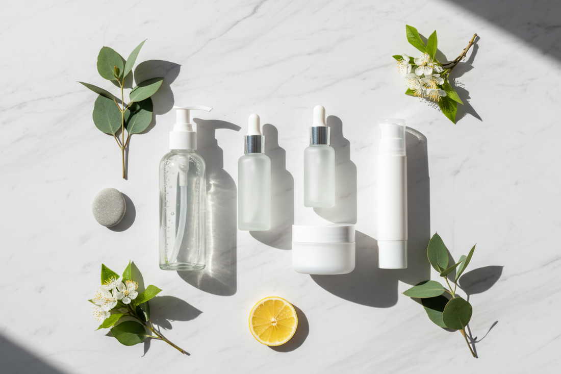 Flat lay of daily skincare routine products on a clean marble background with natural elements