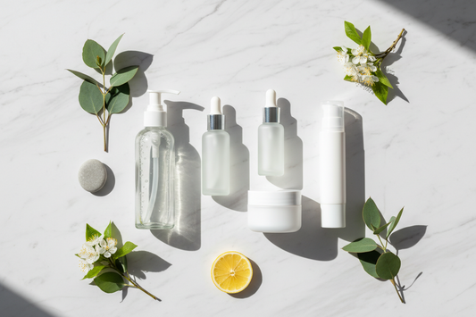 Flat lay of daily skincare routine products on a clean marble background with natural elements