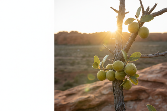 Kakadu plum fruit on a branch, Australia's native superfood skincare ingredient