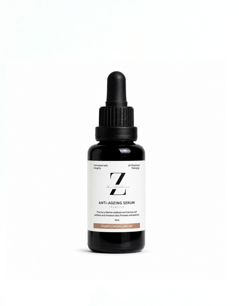 Black serum bottle with dropper labeled 'Z' on a white background