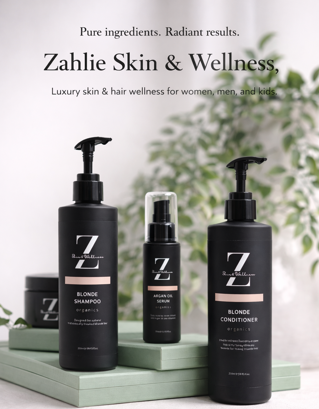 Zahlie Skin & Wellness hair care products on a light background with greenery.
